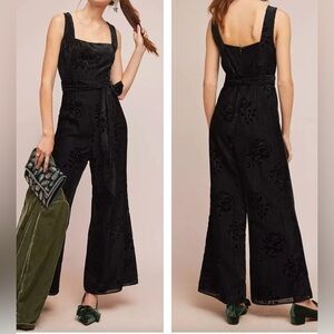 ANTHROPOLOGIE x MOULINETTE SOUERS Noir Velvet Burnout Jumpsuit Black No Belt